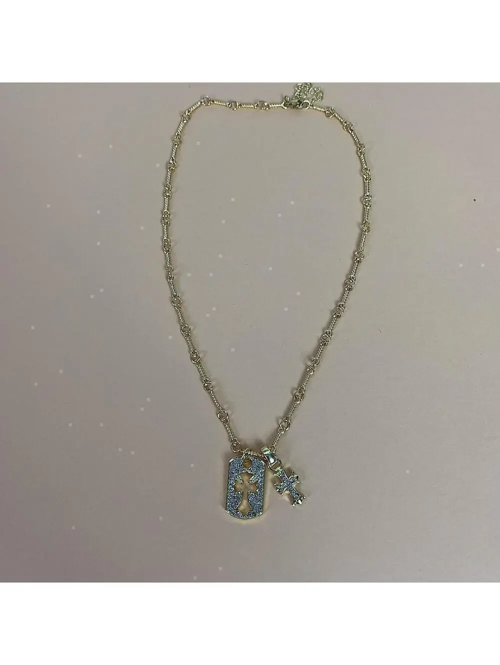 y2k 2000s style grunge gold chrome rhinestone cross dog tag style pendant